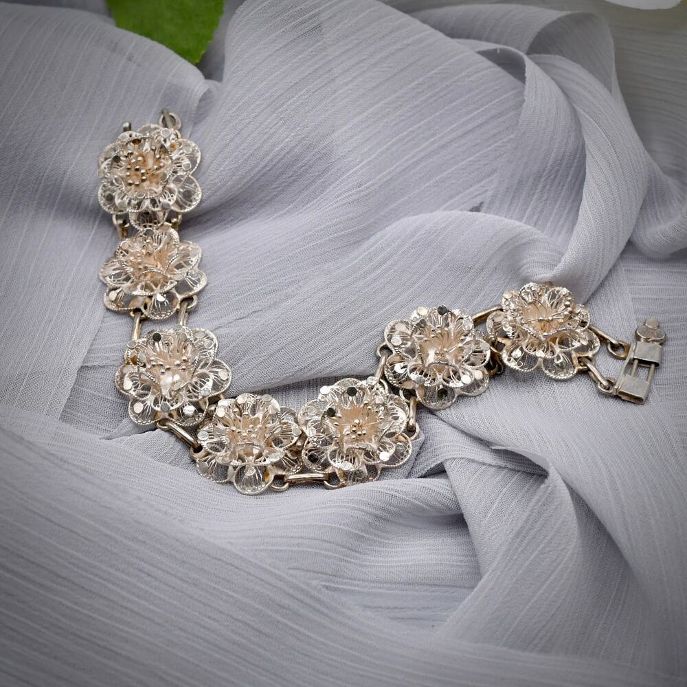 Vintage TestedSolid Silver Filigree Floral Bracelet • Handmade European • 18 g